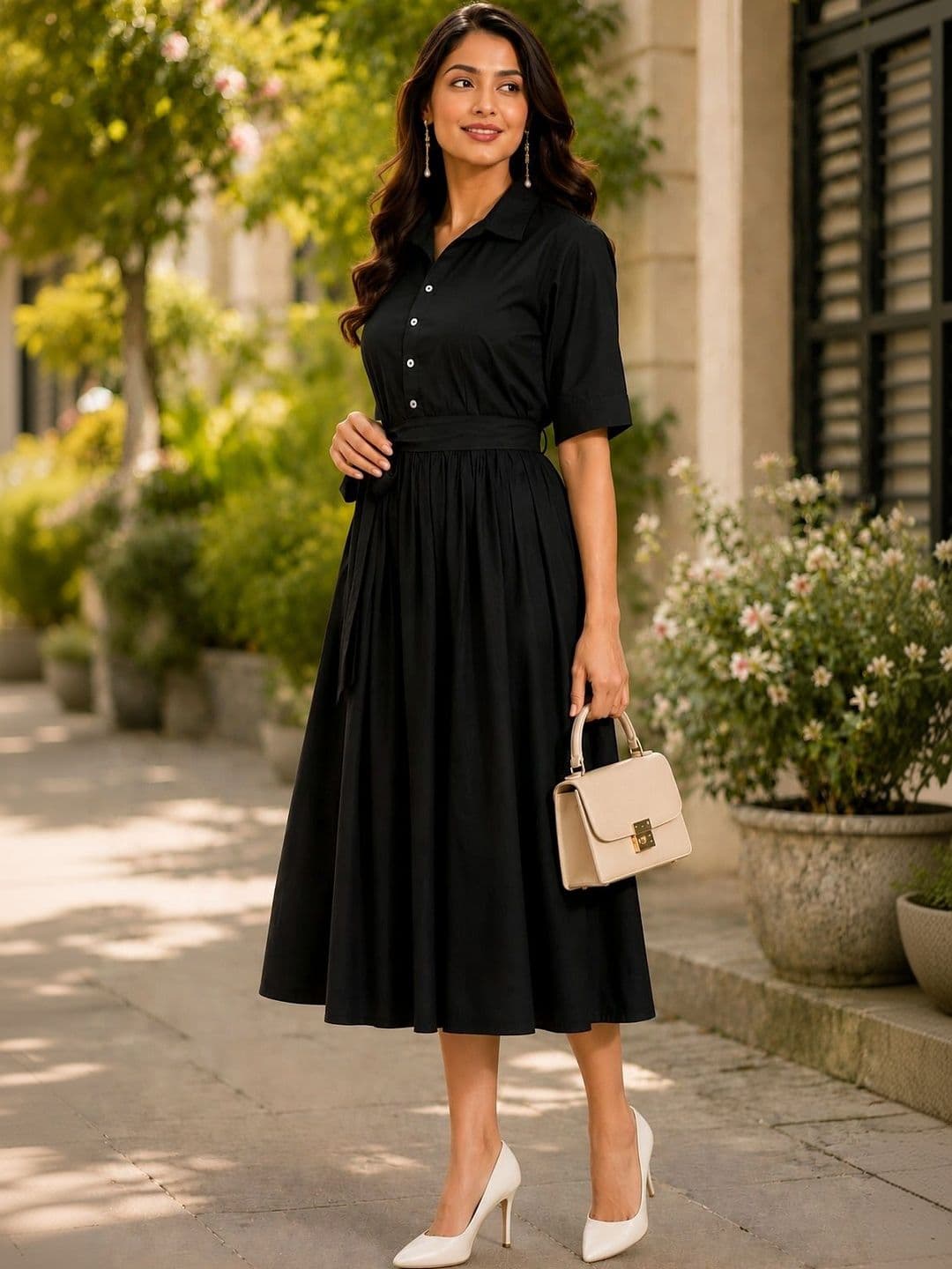 Oxinexx Women Solid Shirt Collar A-Line Midi Dress thumbnail 4