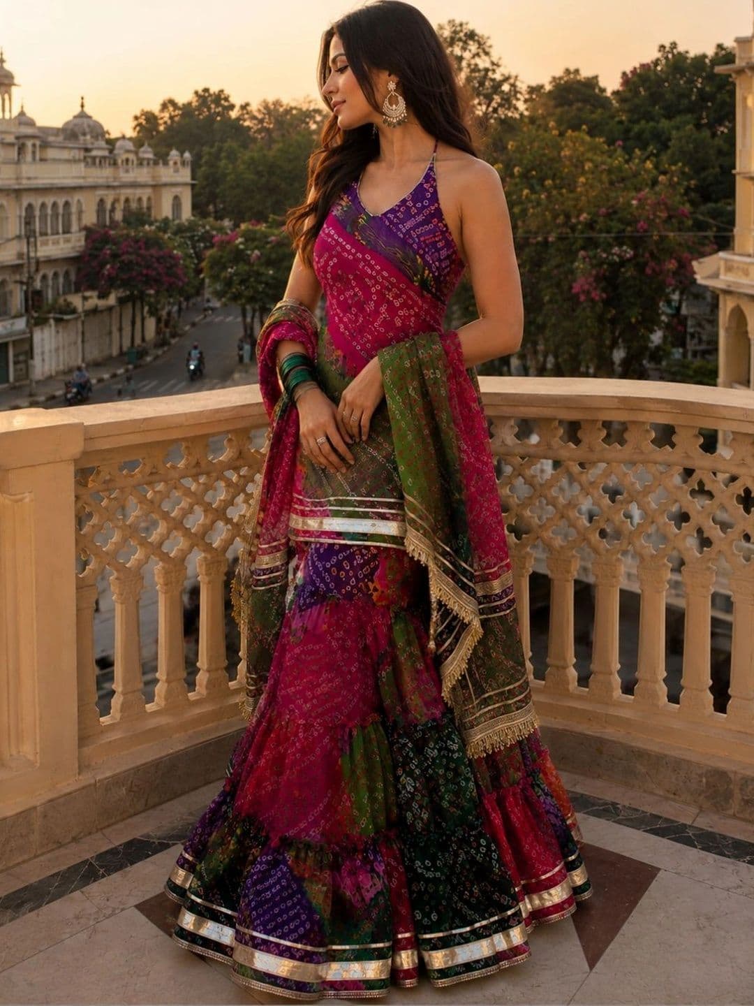 HERE&NOW Women Ethnic Motifs Printed Tiered Kurta with Sharara & With Dupatta thumbnail 4