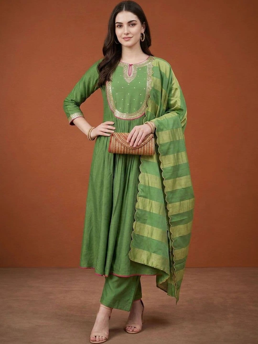 Sangria Women Empire Sequinned Chanderi Silk Kurta with Trousers & With Dupatta thumbnail 7