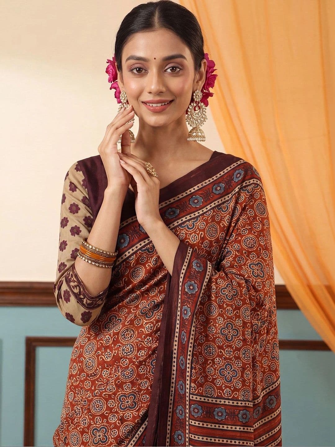 Anouk Ajrak Block Silk Blend Designer Block Print Saree thumbnail 7