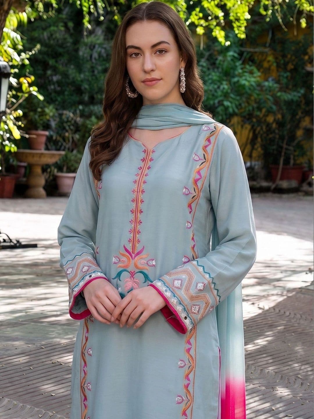 Sangria Women Regular Thread Work Silk Crepe Kurta with Trousers & With Dupatta thumbnail 3