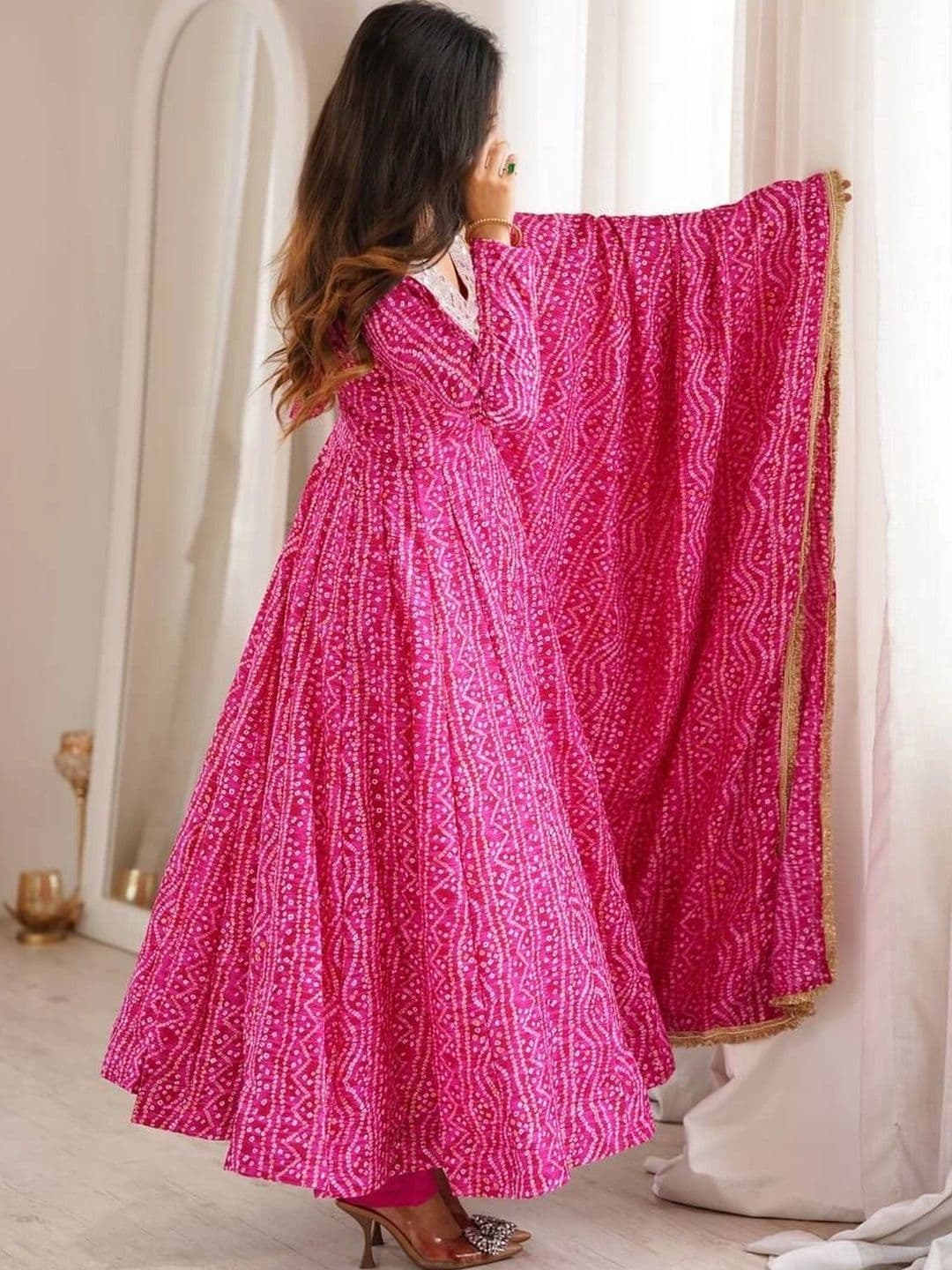 WEWER Women Leheriya Printed Empire Mirror Work Kurta with Trousers & With Dupatta thumbnail 5