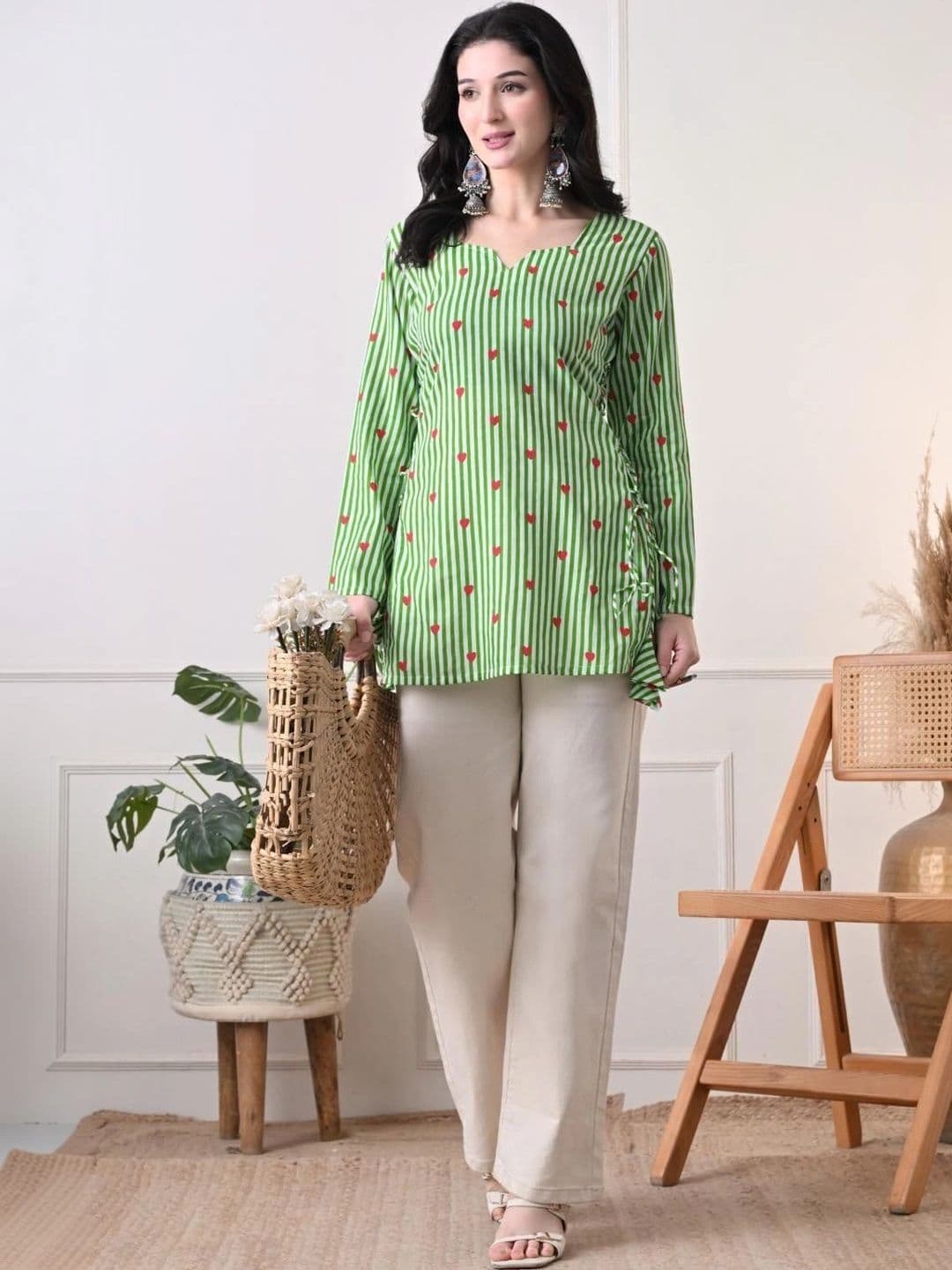 Anouk Rustic Striped Notch Neck Flared Sleeves Kurti thumbnail 6
