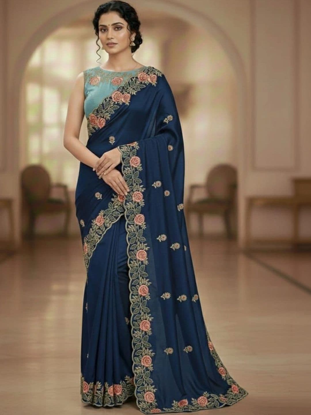 SHRIJAMYAHAM Floral Embroidered Poly Georgette Saree - view 1