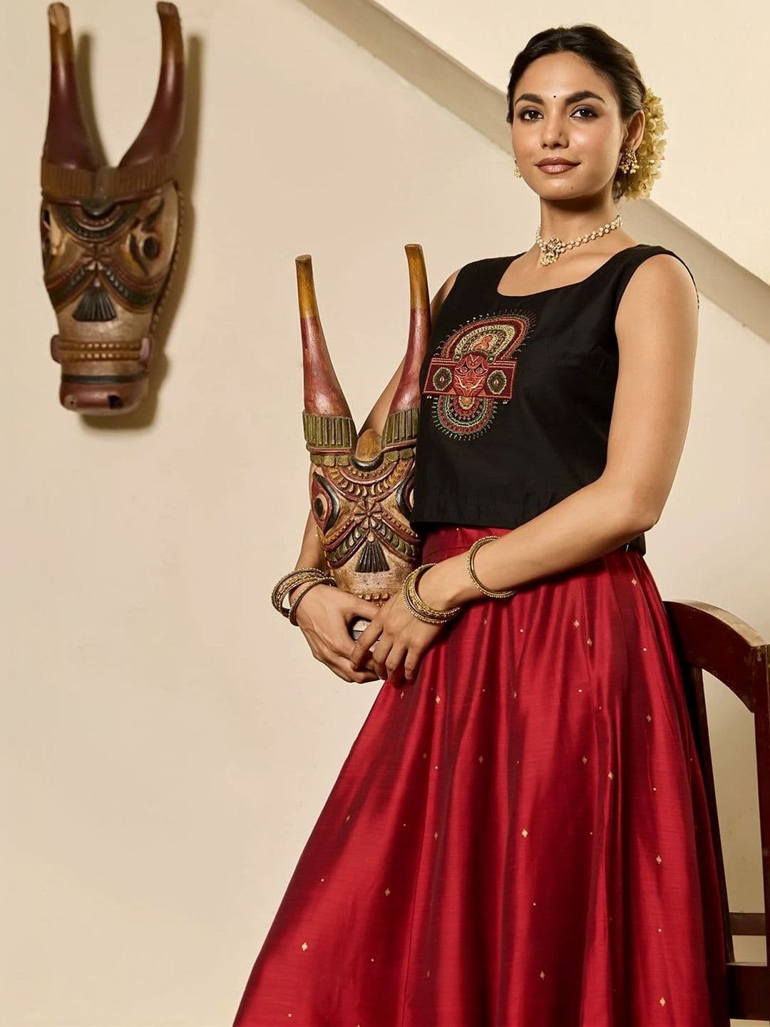 Maybell Women's Silk Blend Embroidered Round Neck Onam Theme Top with Skirt Set thumbnail 2