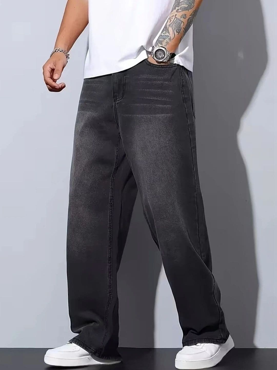 PINKLIT Men Wide Leg Mid-Rise Low Distress Light Fade Jeans thumbnail 4