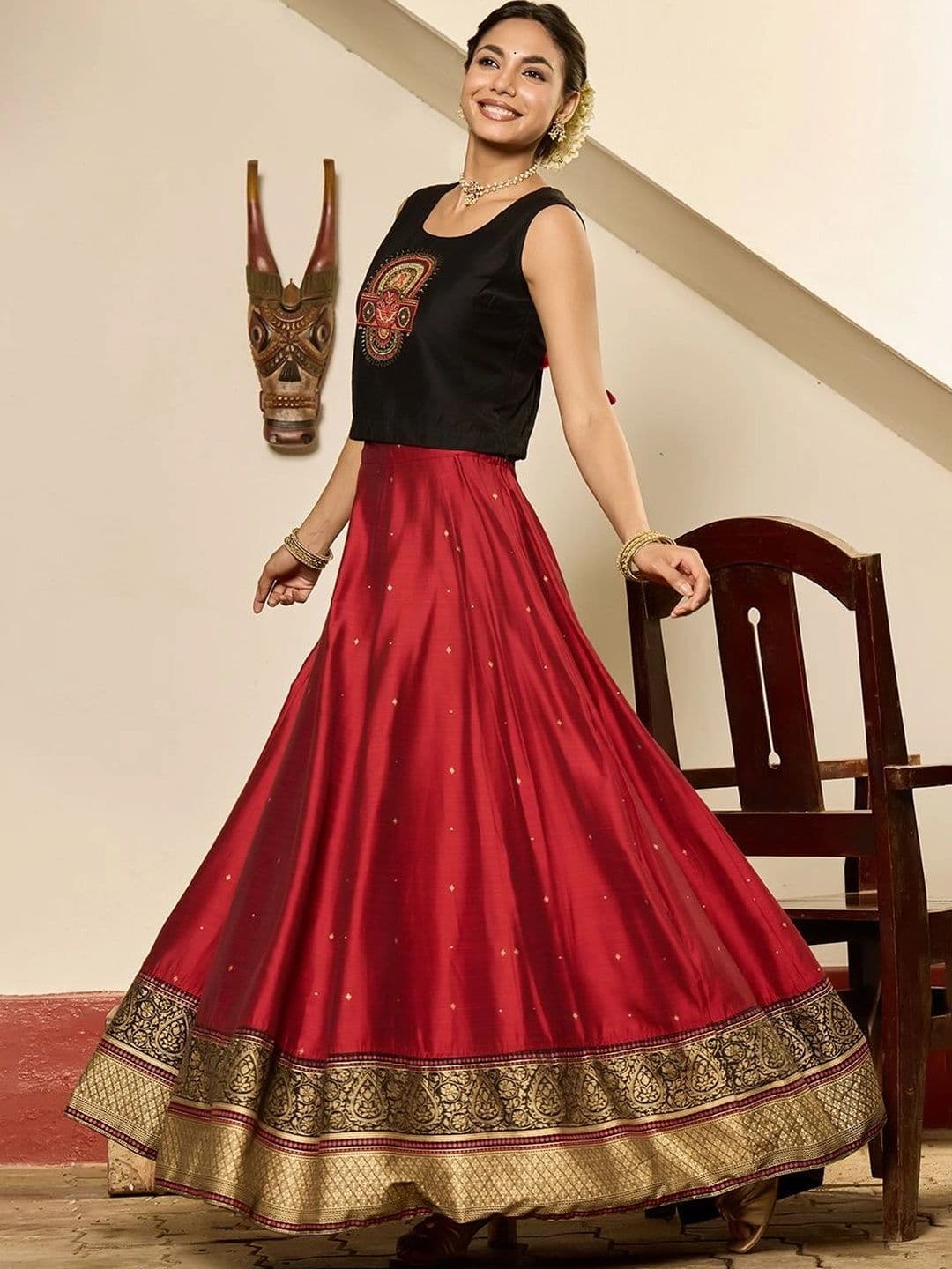 Maybell Women's Silk Blend Embroidered Round Neck Onam Theme Top with Skirt Set thumbnail 5
