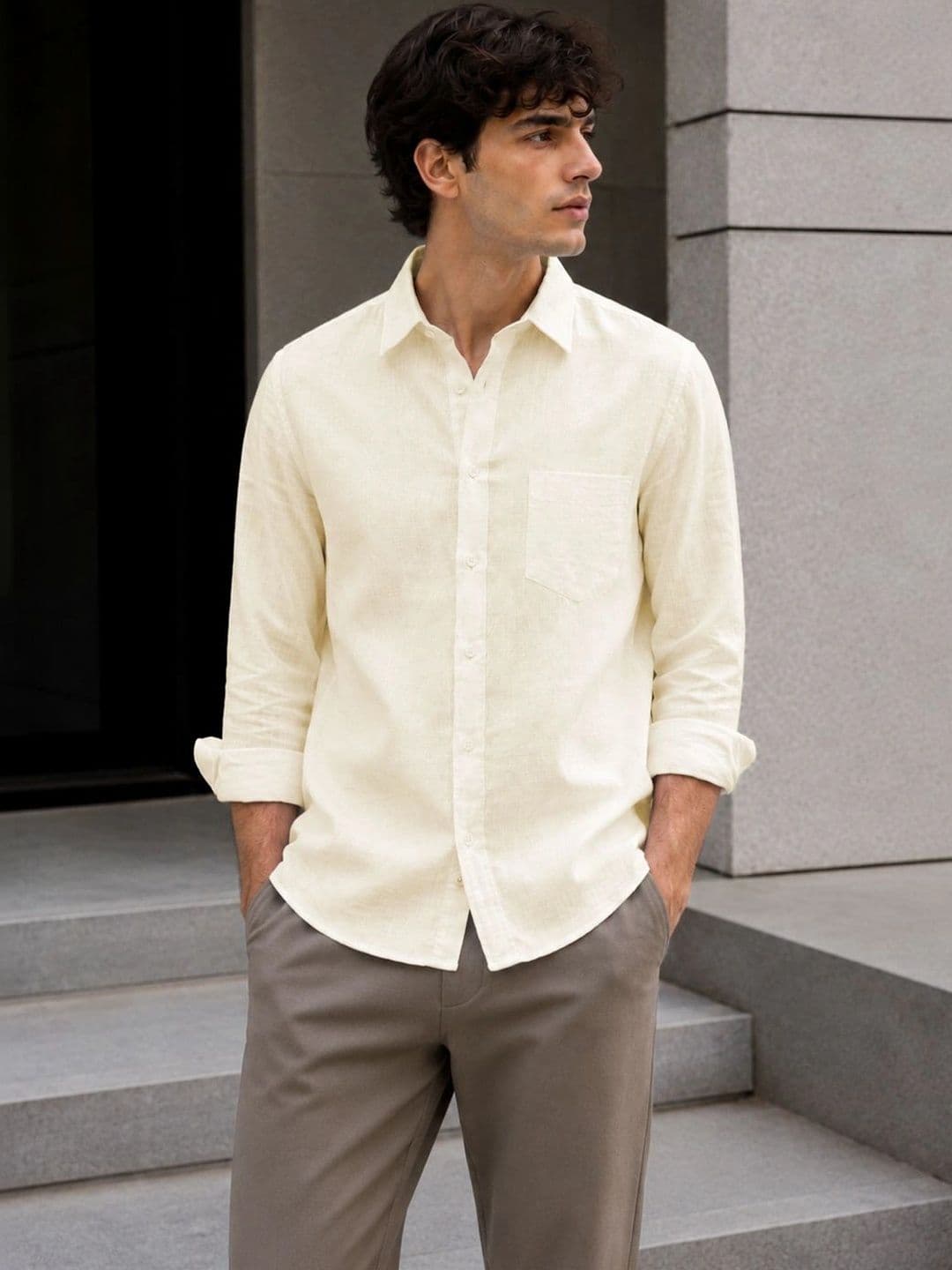 FRANKSHIRT Men's CreamTextured Linen Shirt Full Sleeve Casual Regular Fit Shirt - view 1