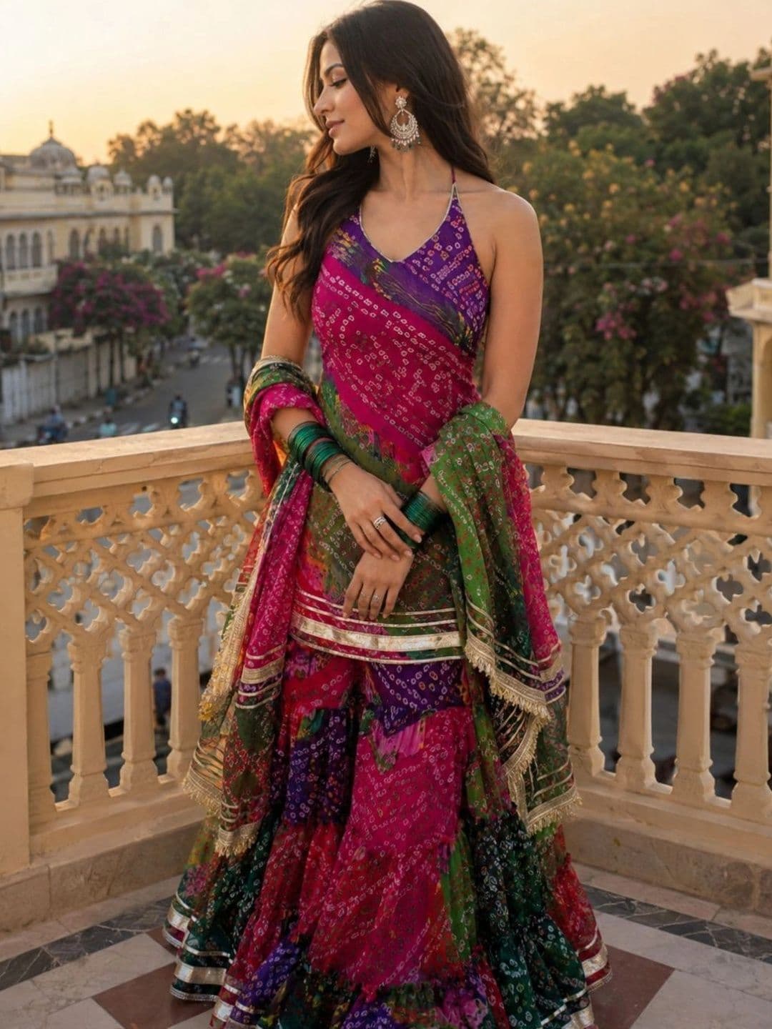 HERE&NOW Women Ethnic Motifs Printed Tiered Kurta with Sharara & With Dupatta - view 1