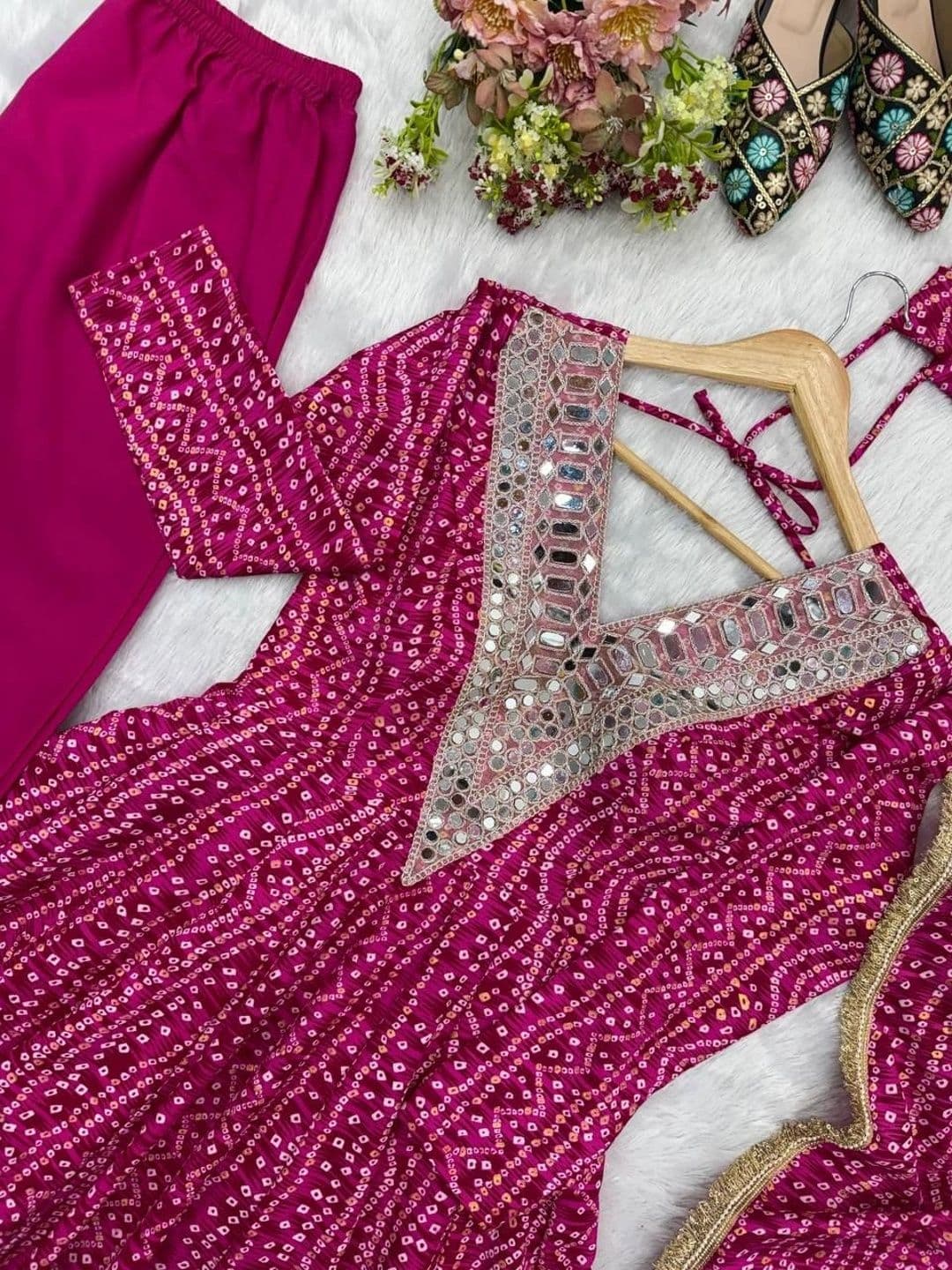 WEWER Women Leheriya Printed Empire Mirror Work Kurta with Trousers & With Dupatta thumbnail 2