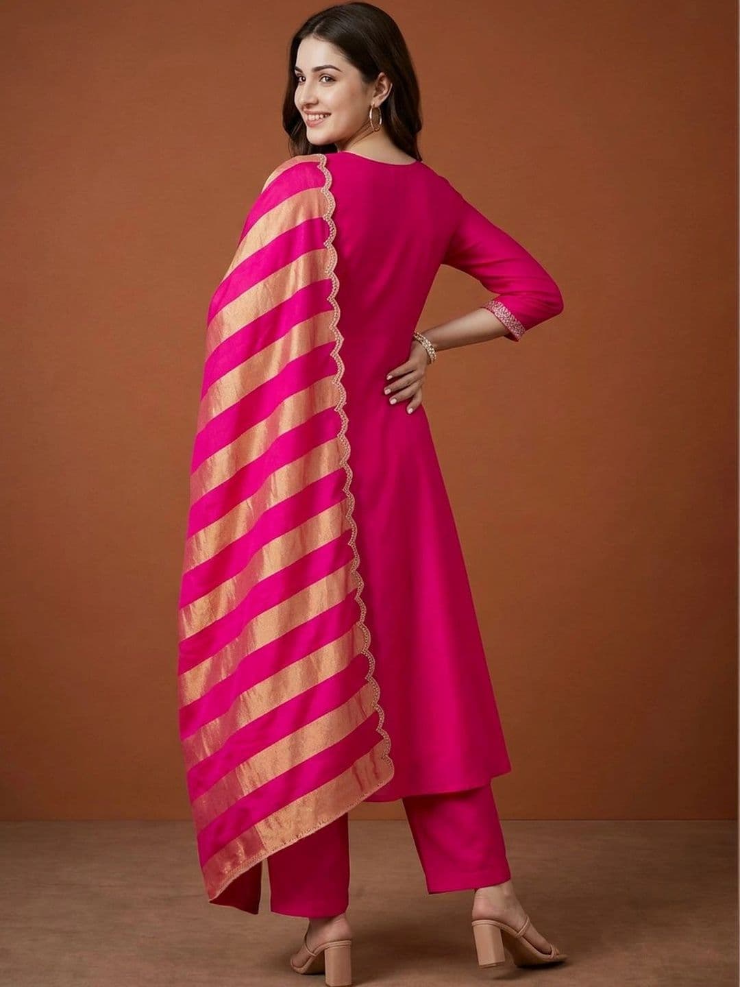 Sangria Women Embroidered Empire Sequinned Chanderi Silk Kurta with Trousers & With Dupatta thumbnail 6