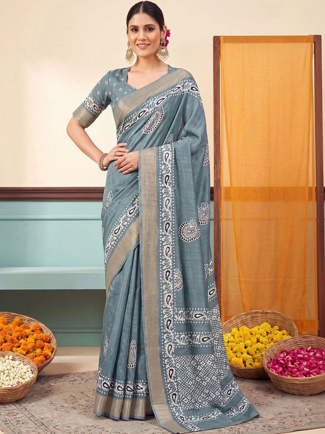 Anouk Batik Zari Silk Blend Designer Block Print Saree - view 1