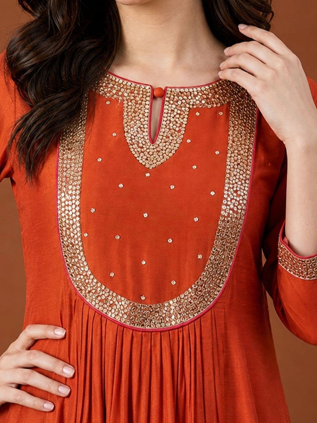 Sangria Women Empire Sequinned Chanderi Silk Kurta with Trousers & With Dupatta thumbnail 3