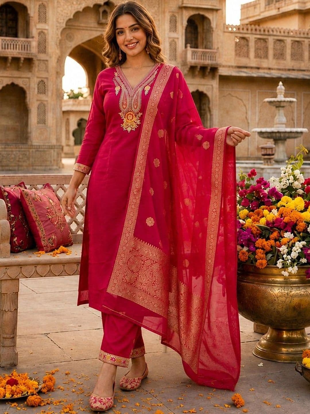 Apolyte Women Ethnic Motifs Embroidered Regular Pure Silk Kurta with Trousers & With Dupatta thumbnail 5