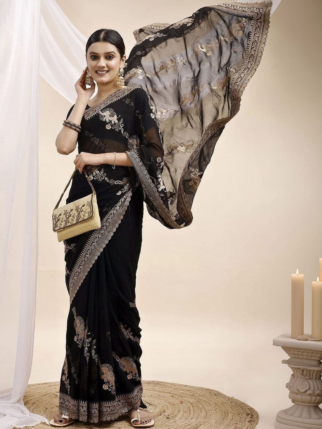 Leelavati Ethnic Motifs Embroidered Pure Georgette Saree thumbnail 3