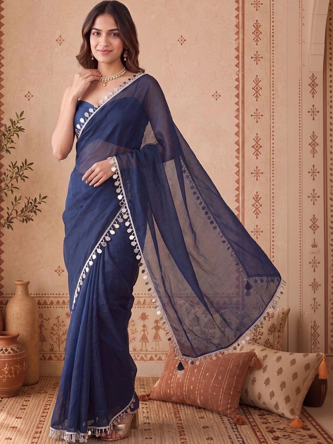 Anouk Mirror Work Satin Designer Saree thumbnail 3