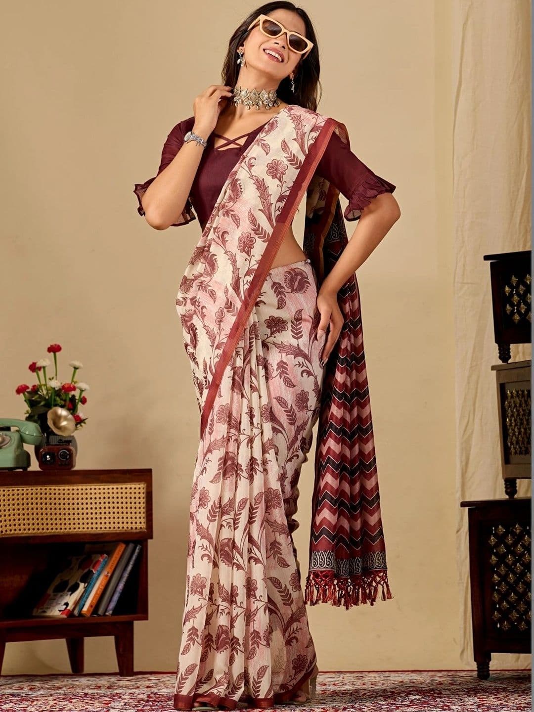 Sangria Floral Leheriya Saree - view 1