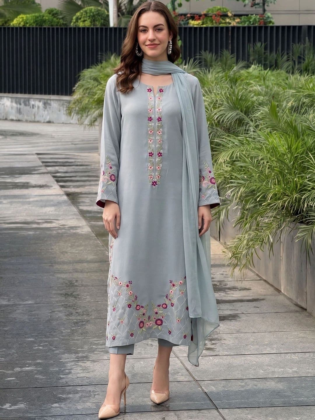 Sangria Embroidered Thread Work Chanderi Silk Straight Kurta with Trousers & Dupatta - view 1