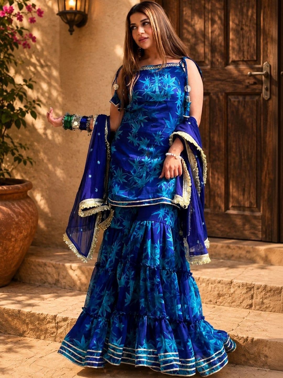 KALINI Women Floral Printed Regular Gotta Patti Kurta with Sharara & With Dupatta thumbnail 4