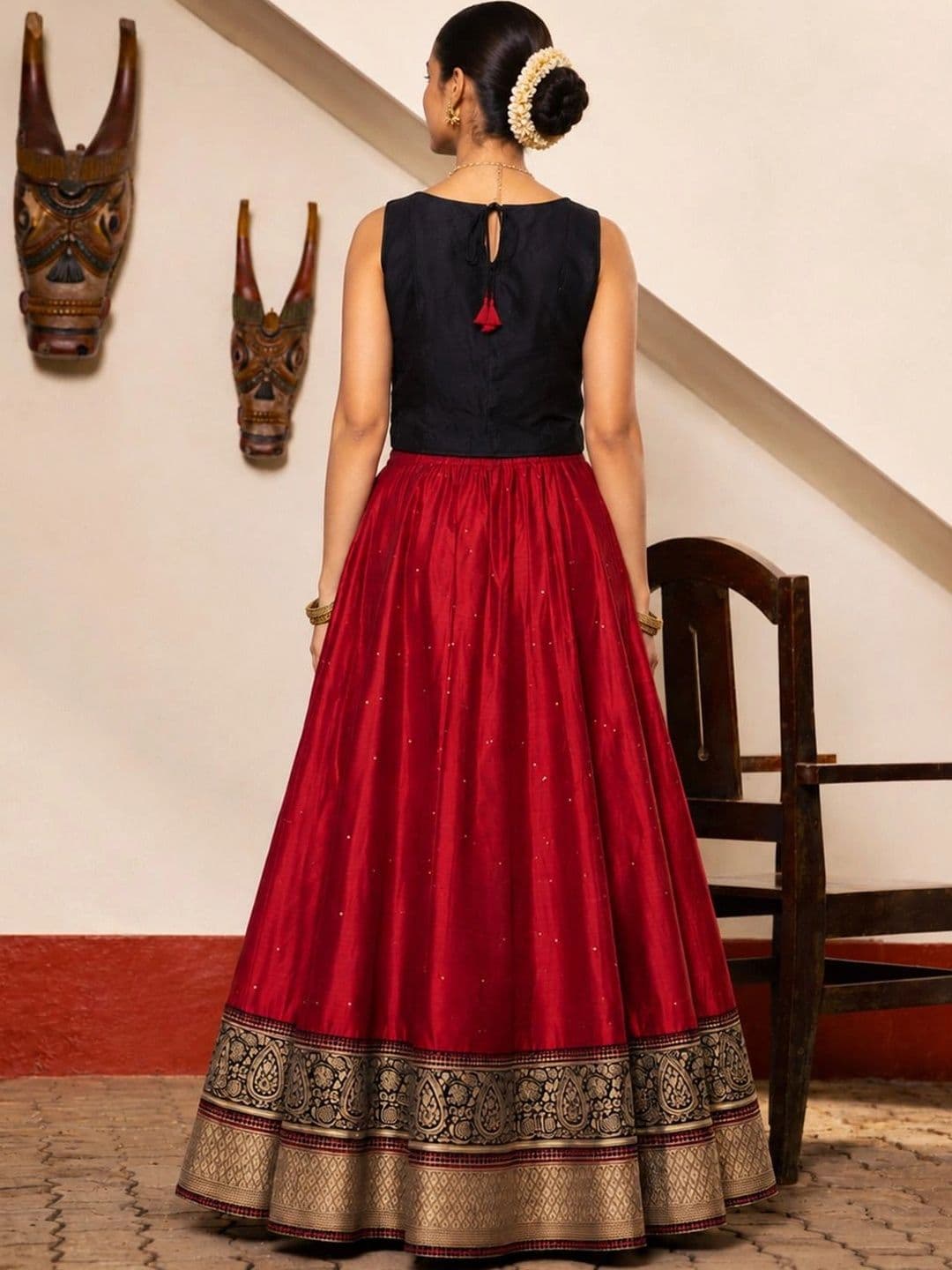 Maybell Women's Silk Blend Embroidered Round Neck Onam Theme Top with Skirt Set thumbnail 6