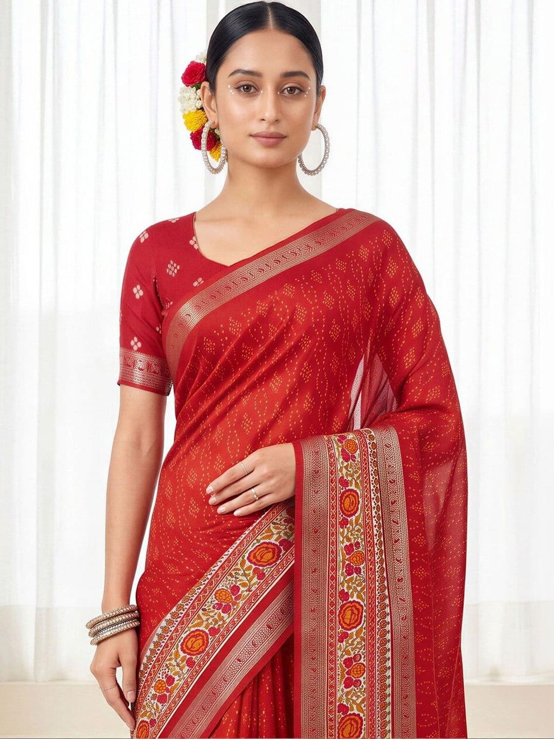 Anouk Floral Silk Blend Designer Bandhani Saree thumbnail 5