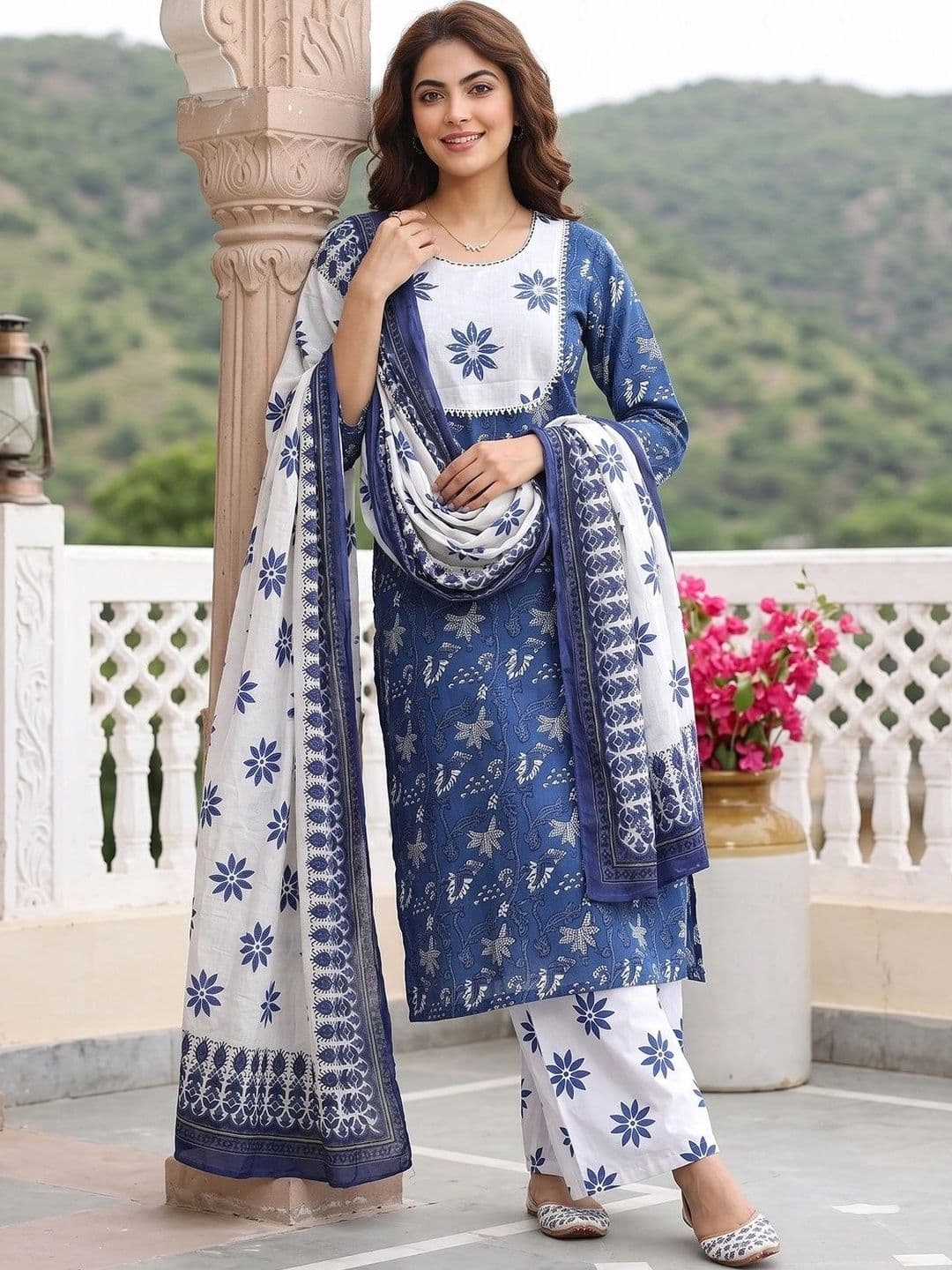 KALINI Women Floral Printed Regular Pure Cotton Kurta with Palazzos & With Dupatta thumbnail 3