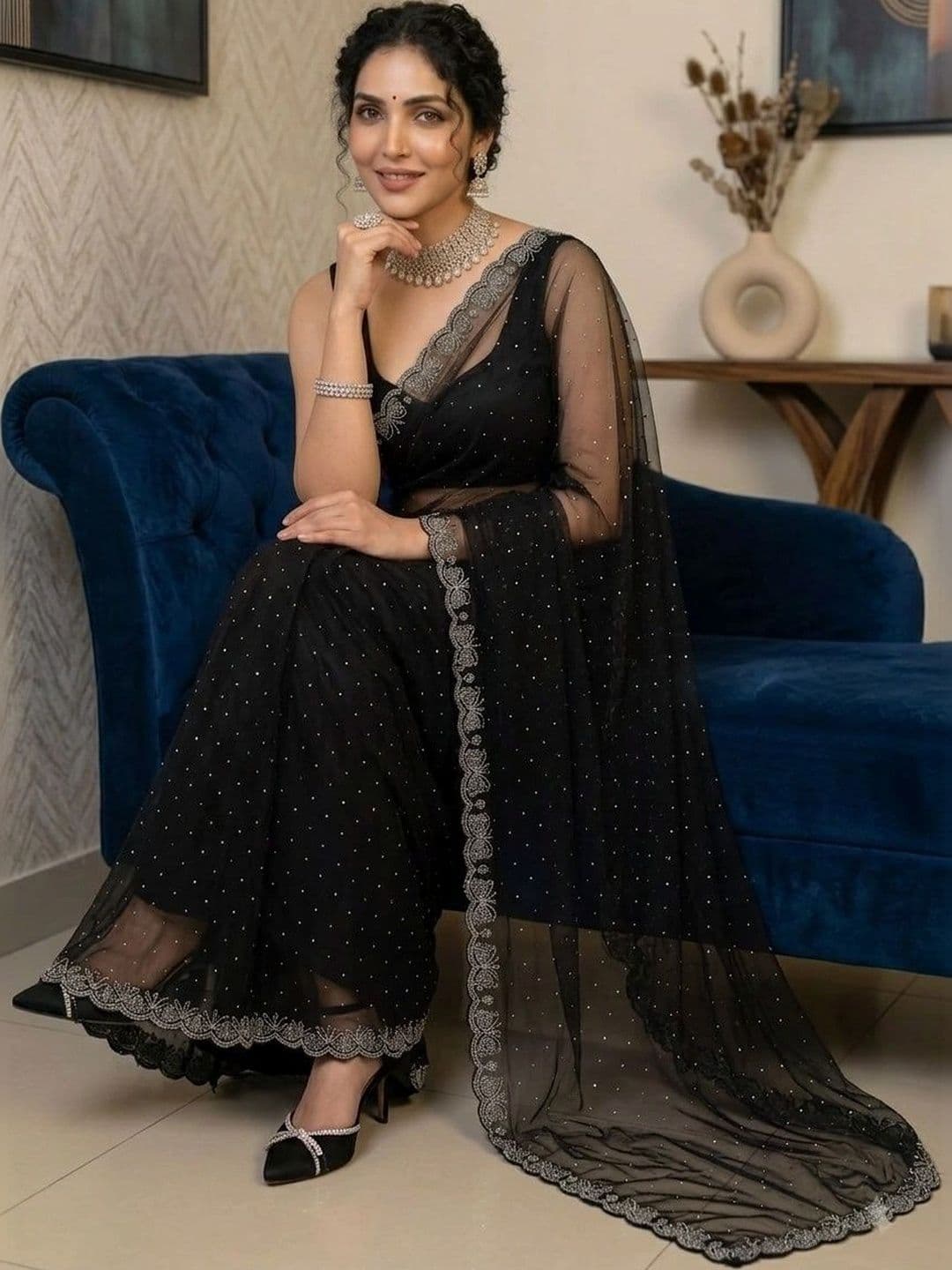 Akshmi Creation Embellished Supernet Saree thumbnail 2
