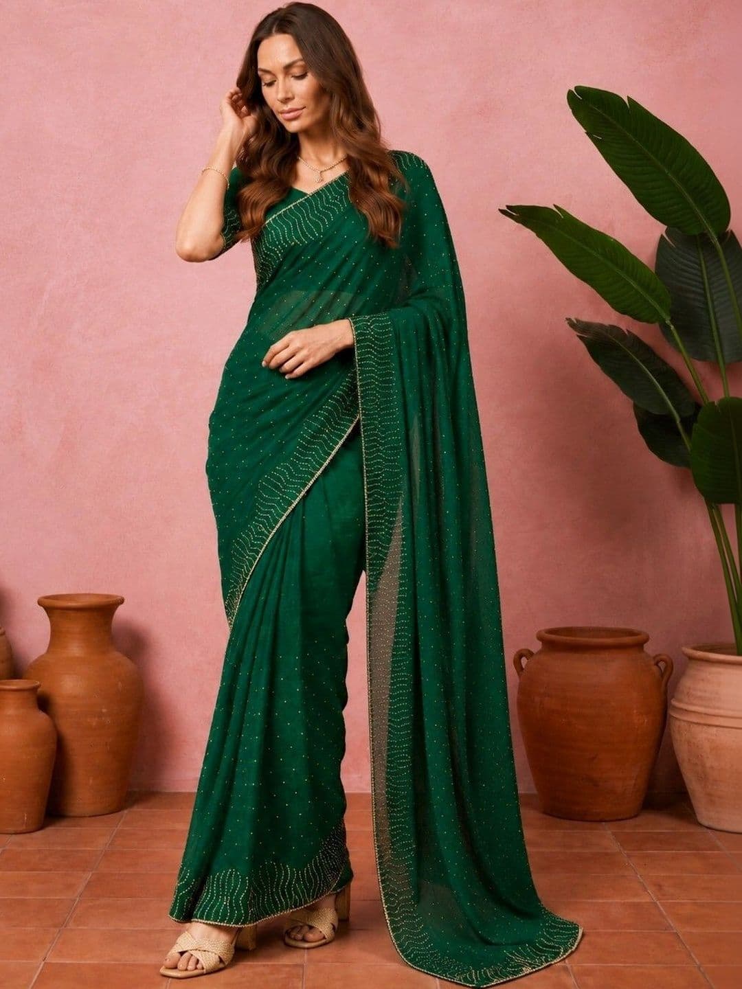 shreevali creation Embellished Beads and Stones Pure Chiffon Saree - view 1