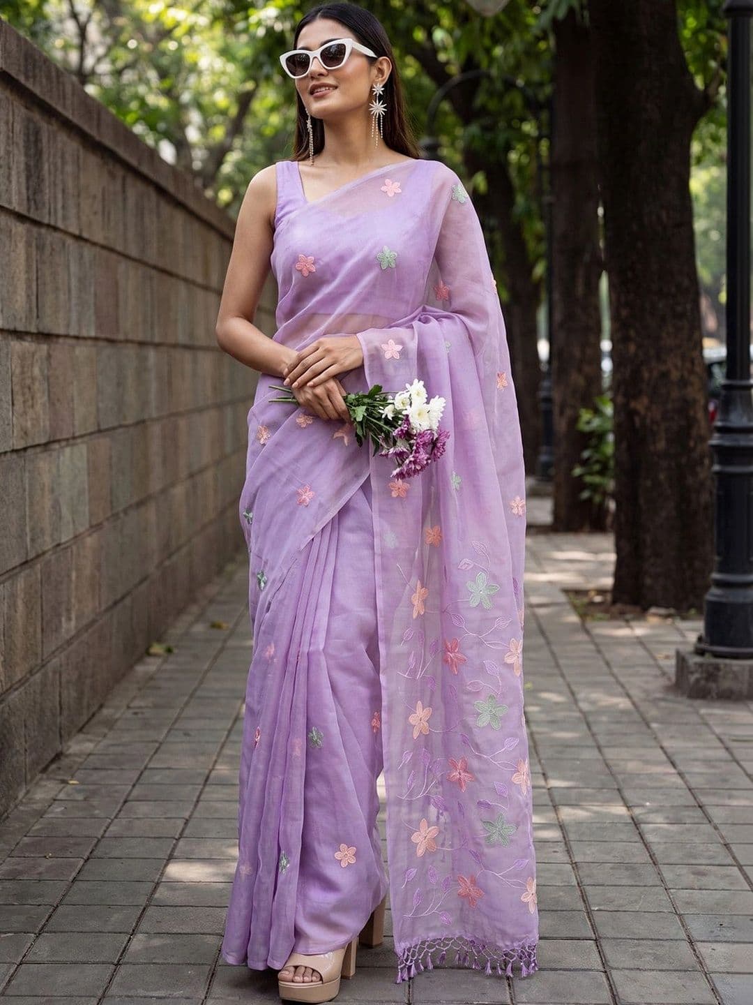Sangria Floral Tissue Designer Saree - view 1