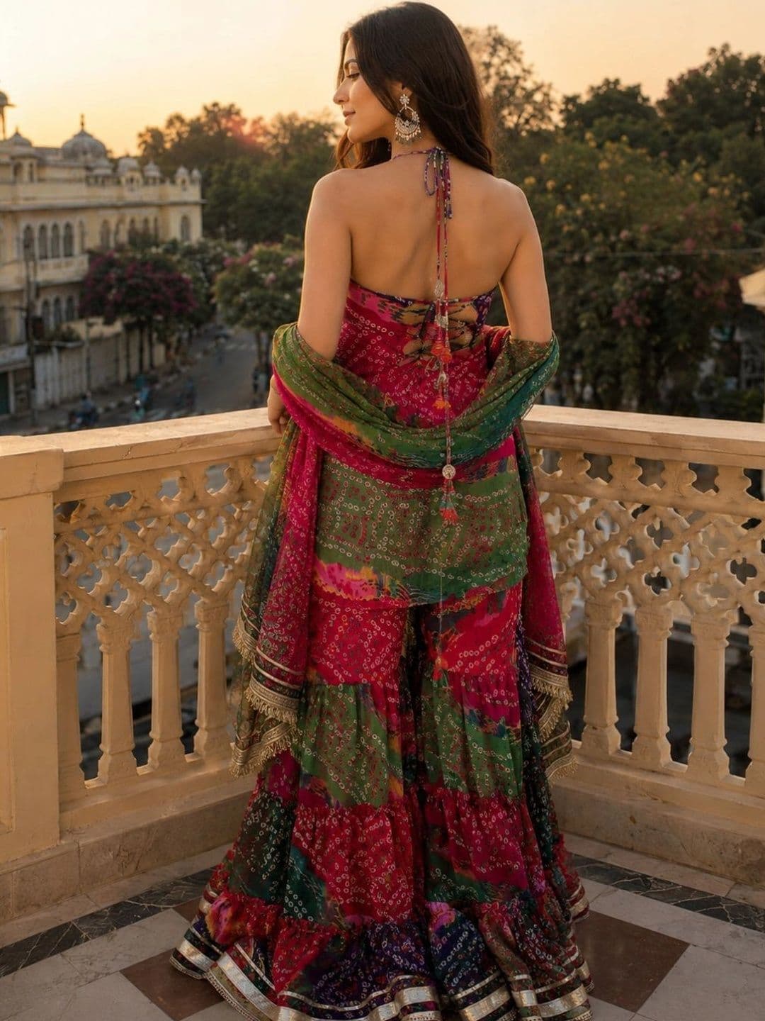 HERE&NOW Women Ethnic Motifs Printed Tiered Kurta with Sharara & With Dupatta thumbnail 3
