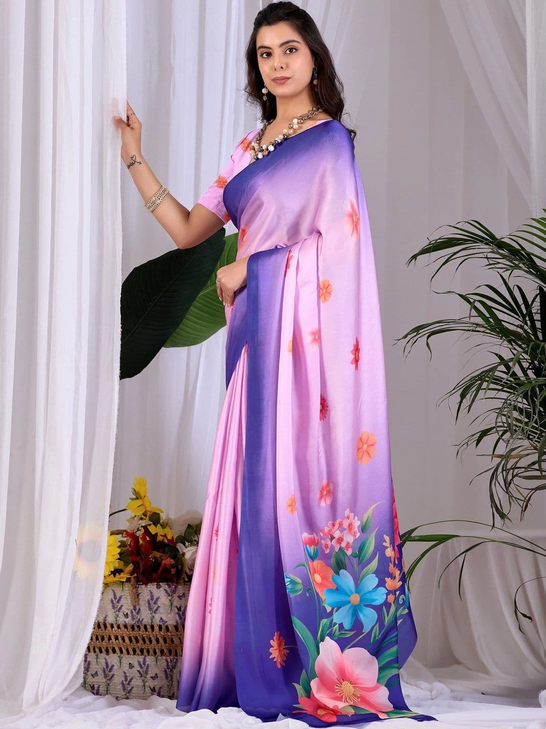 LeeliPeeri Designer Floral Satin Designer Saree thumbnail 3