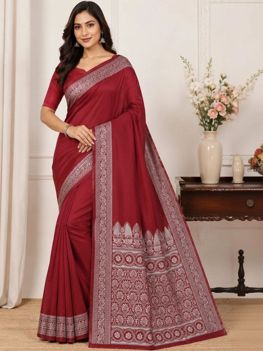 Prisan Women Maroon Woven Banarasi Soft Silk Saree with Unstitched Blouse thumbnail 5