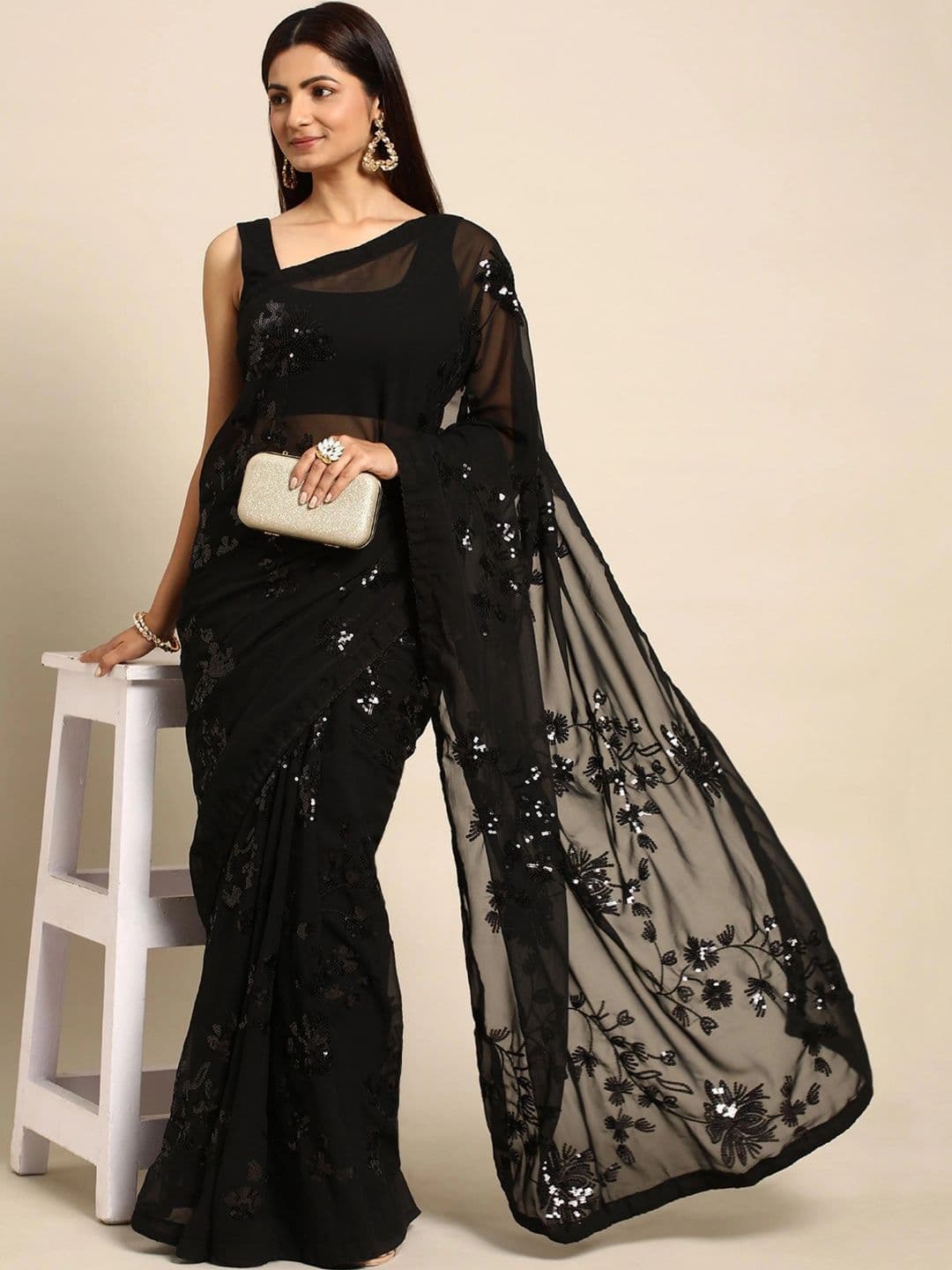 FashionsEye Embellished Sequinned Poly Georgette Designer Saree - view 1