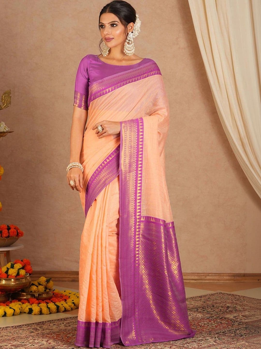 ZELLURE Striped Zari Art Silk Kanjeevaram Saree thumbnail 5