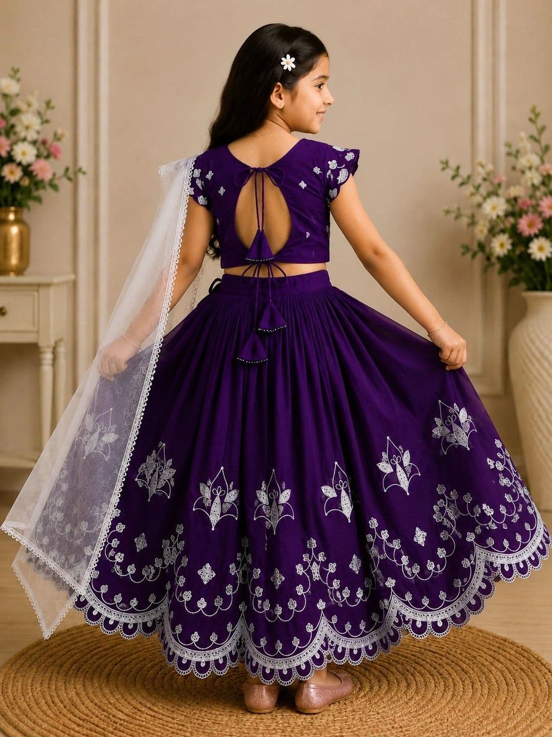 KALINI Girls Embroidered Thread Work Ready to Wear Lehenga & Blouse With Dupatta thumbnail 5