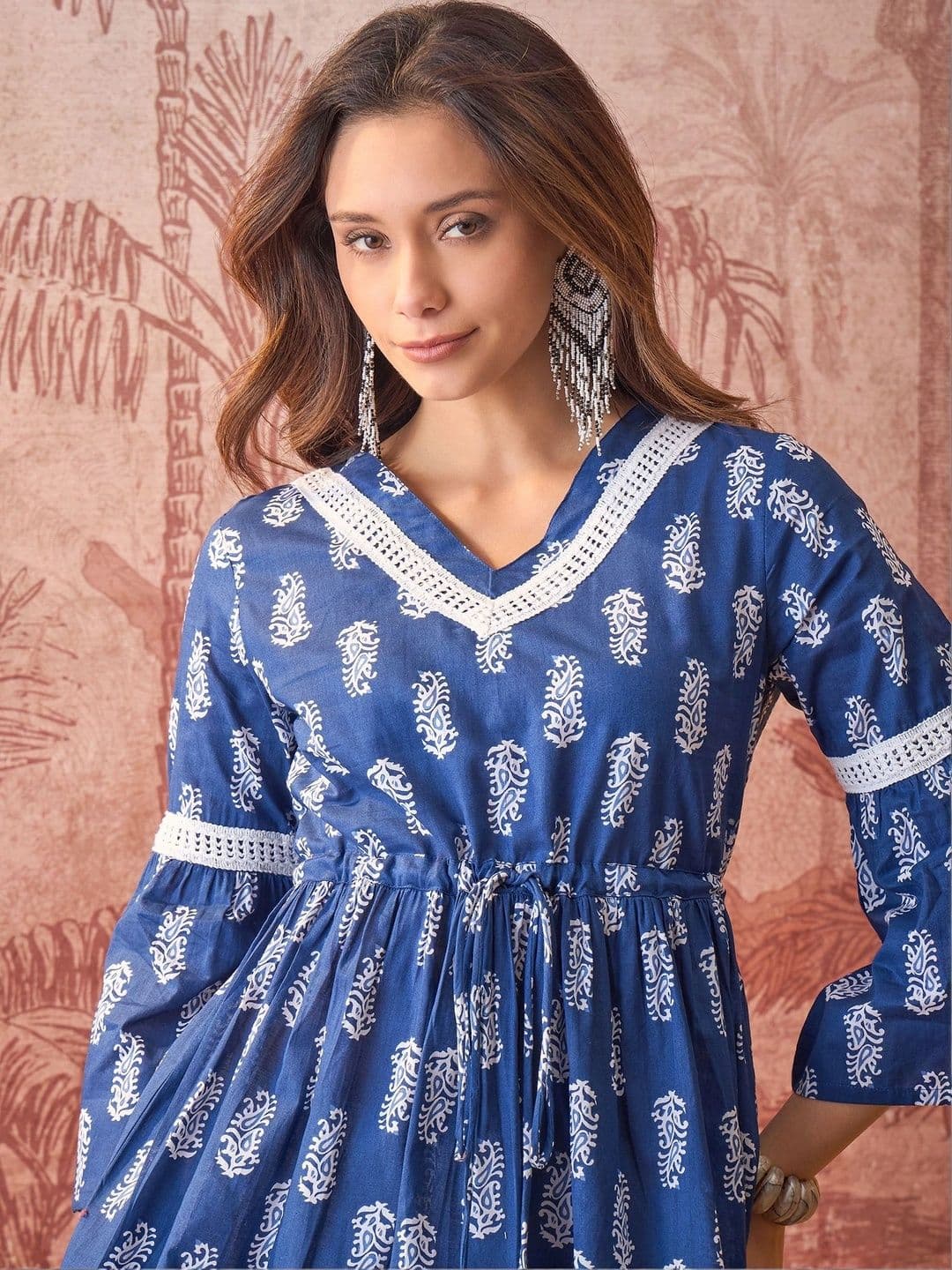 Sangria Ethnic Motifs Printed V-Neck Flared Sleeves Pure Cotton Blend Kurti thumbnail 5