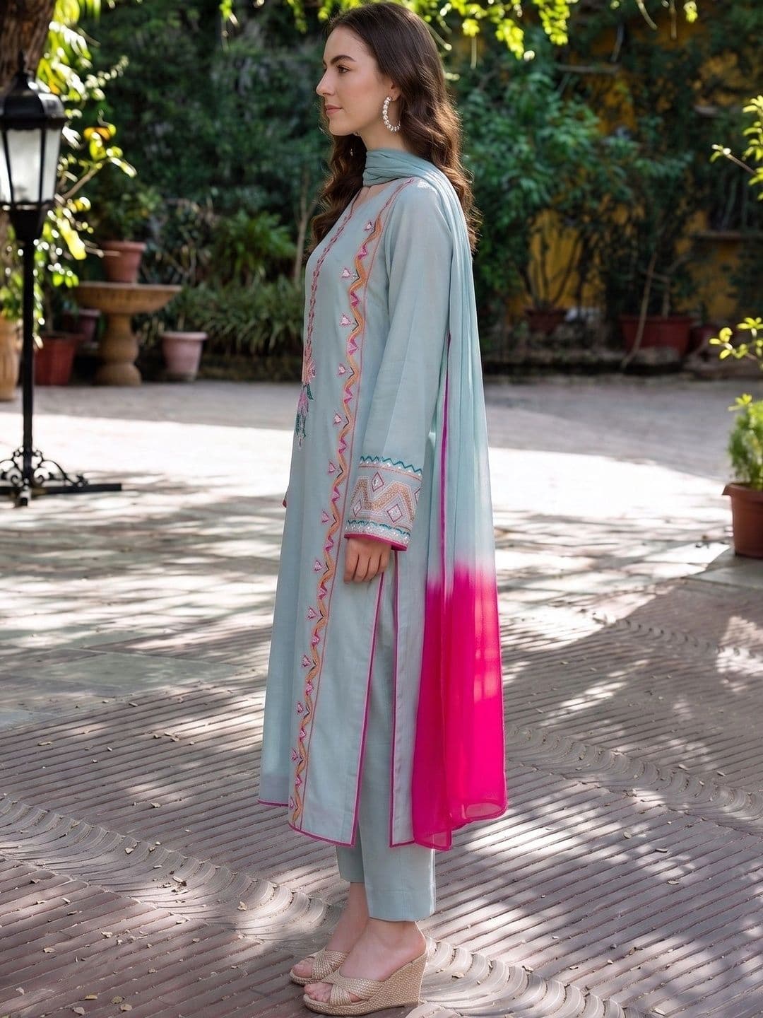 Sangria Women Regular Thread Work Silk Crepe Kurta with Trousers & With Dupatta thumbnail 6
