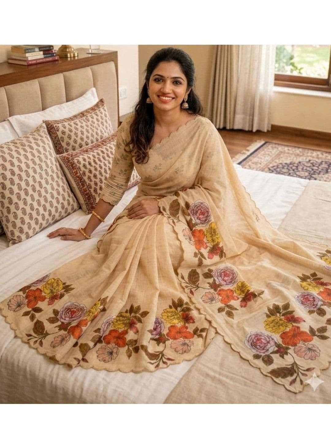Peachmode Cream Linen Saree with Floral Print & Cut Work Border thumbnail 2