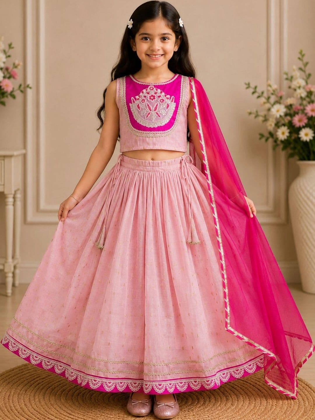 KALINI Girls Embroidered Thread Work Ready to Wear Lehenga & Blouse With Dupatta - view 1