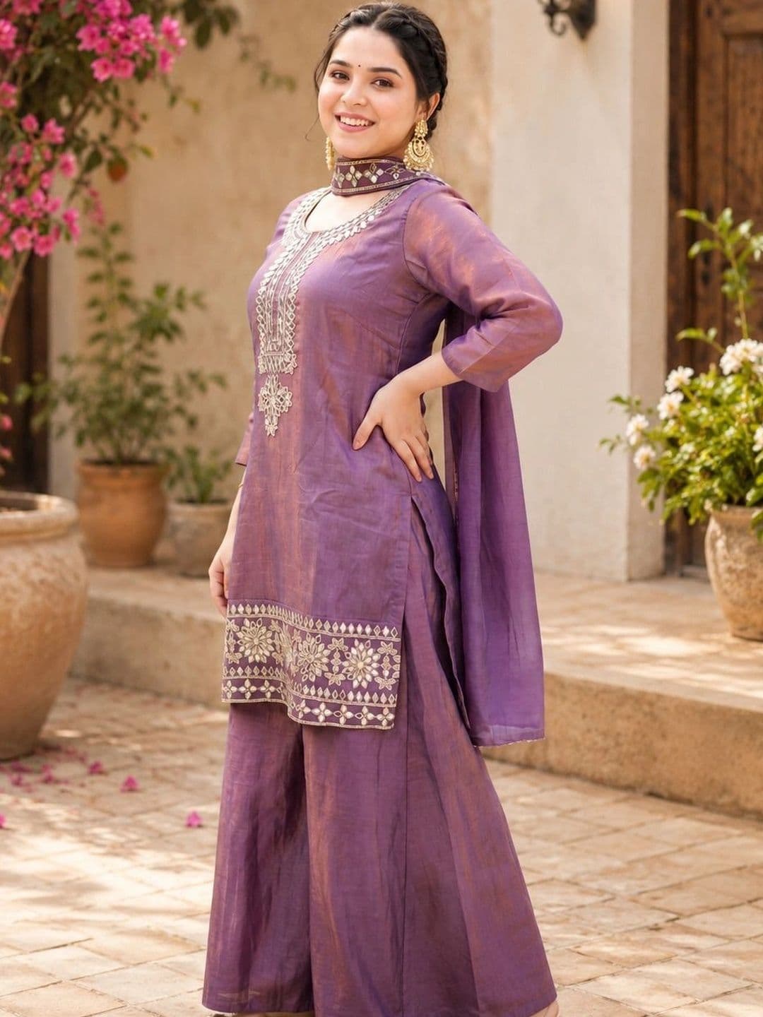 Sangria Ethnic Motifs Embroidered Regular Mirror Work Kurta with Palazzos & With Dupatta thumbnail 4