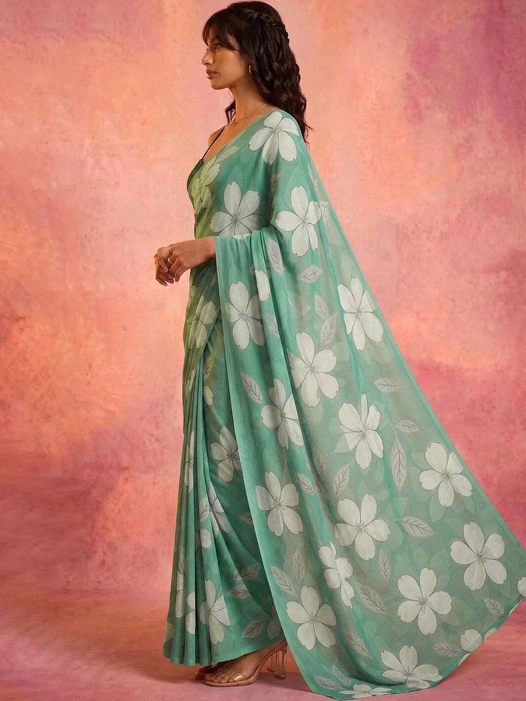 KINDA DESI Floral Zari Pure Chiffon Fusion Saree thumbnail 7