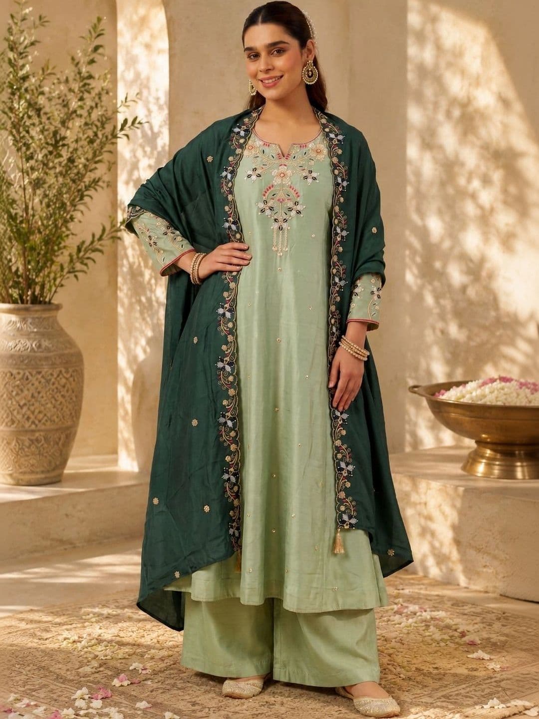 Ariya Prints Women Ethnic Motifs Embroidered Regular Thread Work Kurta with Palazzos & With Dupatta - view 1