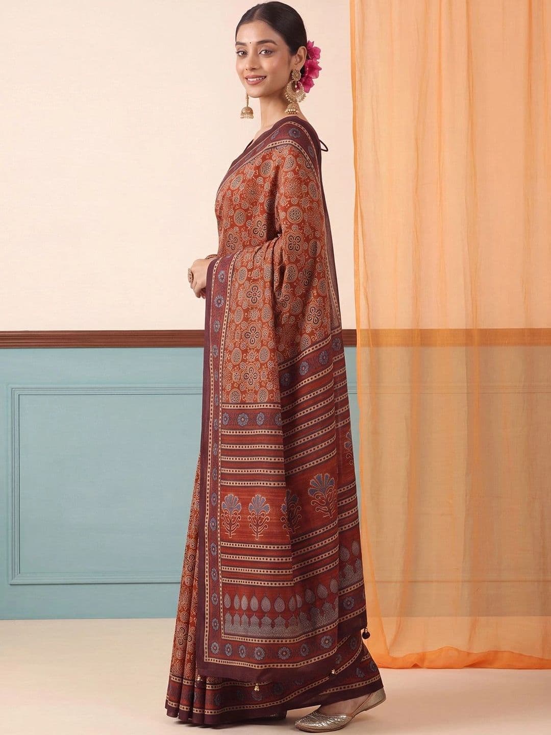 Anouk Ajrak Block Silk Blend Designer Block Print Saree thumbnail 3