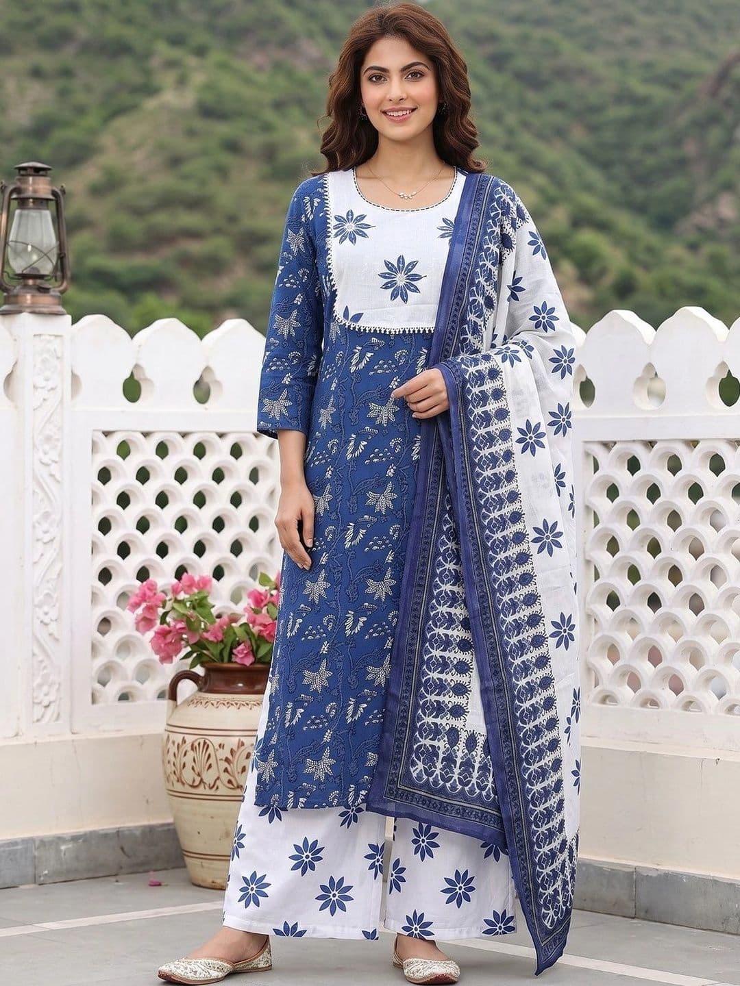 KALINI Women Floral Printed Regular Pure Cotton Kurta with Palazzos & With Dupatta thumbnail 7