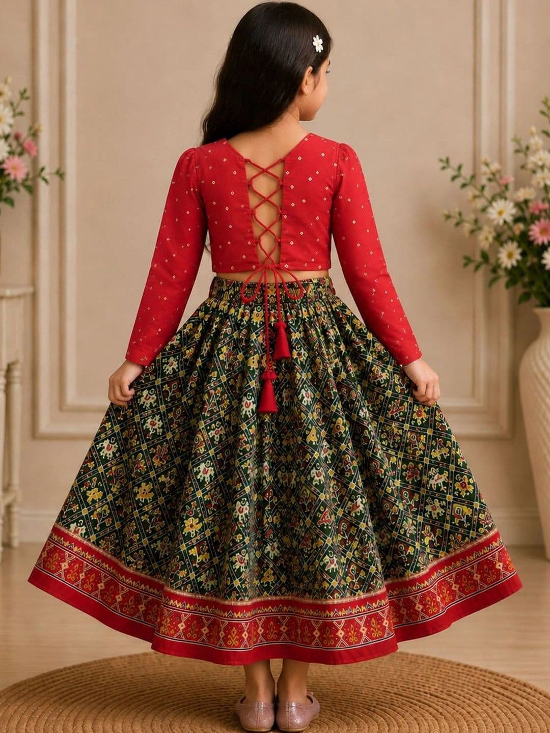 KALINI Girls Embroidered Ikat Ready to Wear Lehenga & thumbnail 2