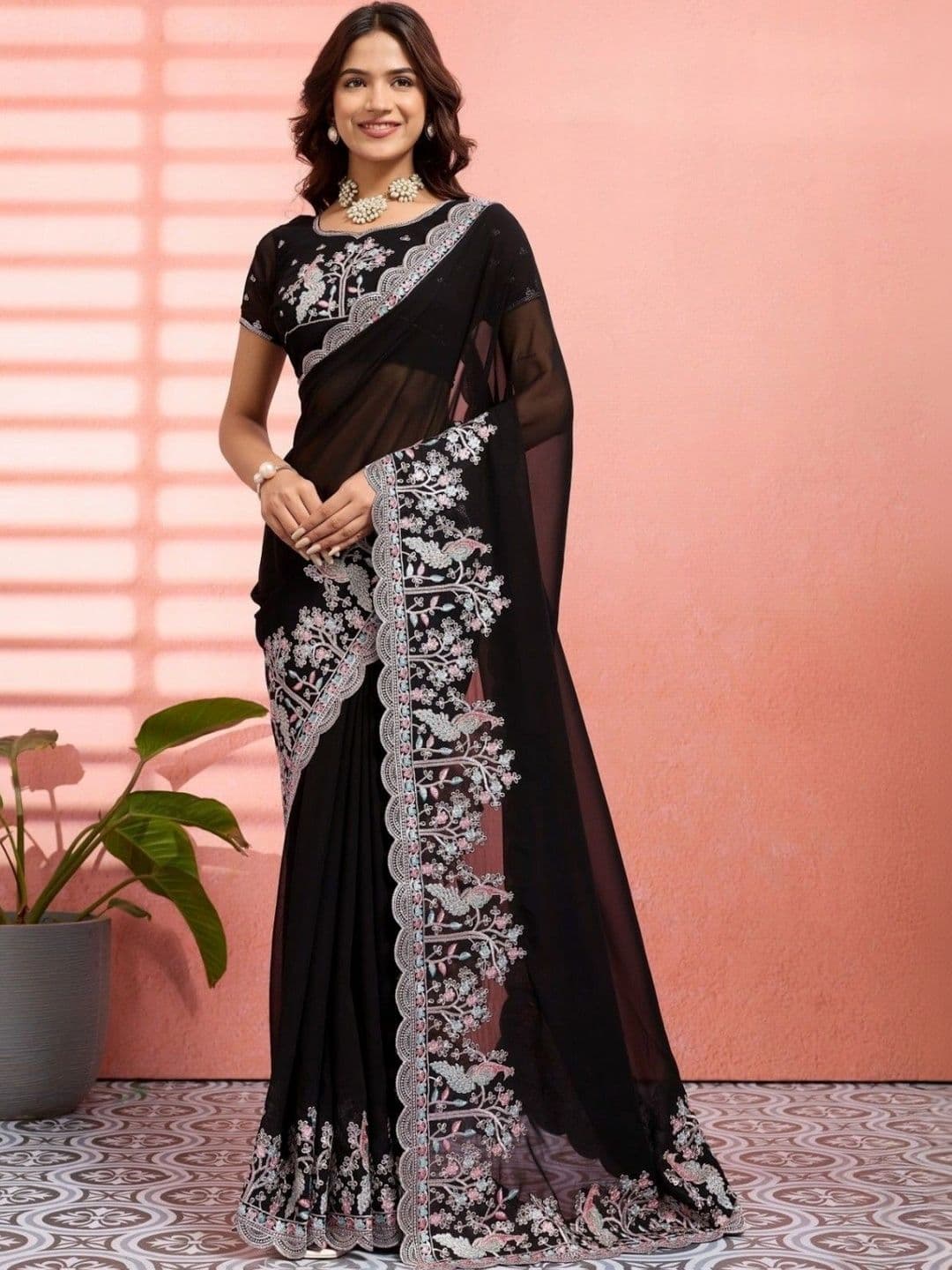 Leelavati Embellished Pure Chiffon Saree thumbnail 3