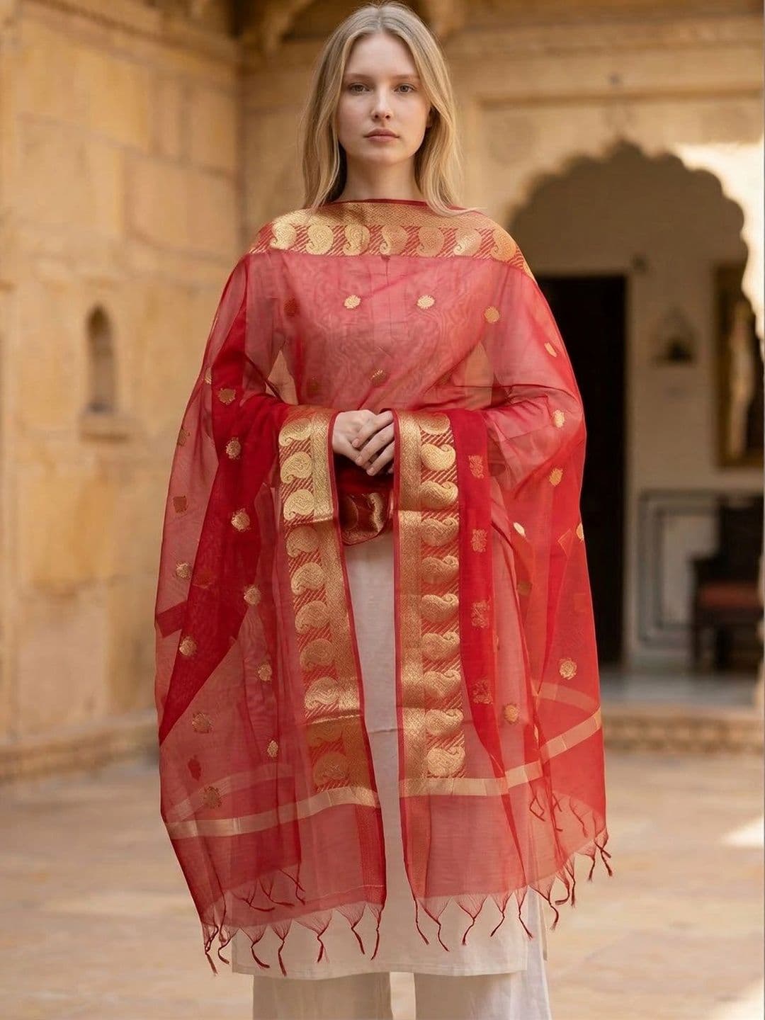 STUTI FASHION Ethnic Motifs Woven Design Art Silk Dupatta with Zari - view 1