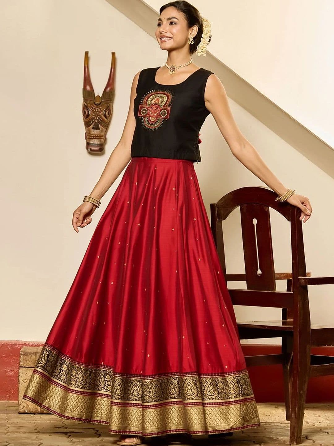 Maybell Women's Silk Blend Embroidered Round Neck Onam Theme Top with Skirt Set thumbnail 7