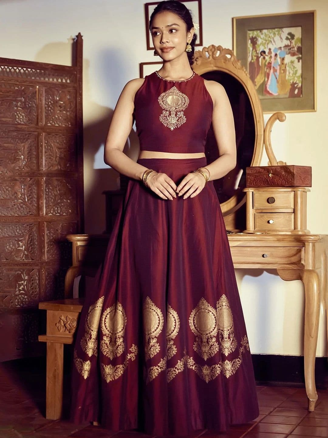 Maybell Women's Raw silk Printed Round Neck Onam Theme Top with Skirt Set - view 1