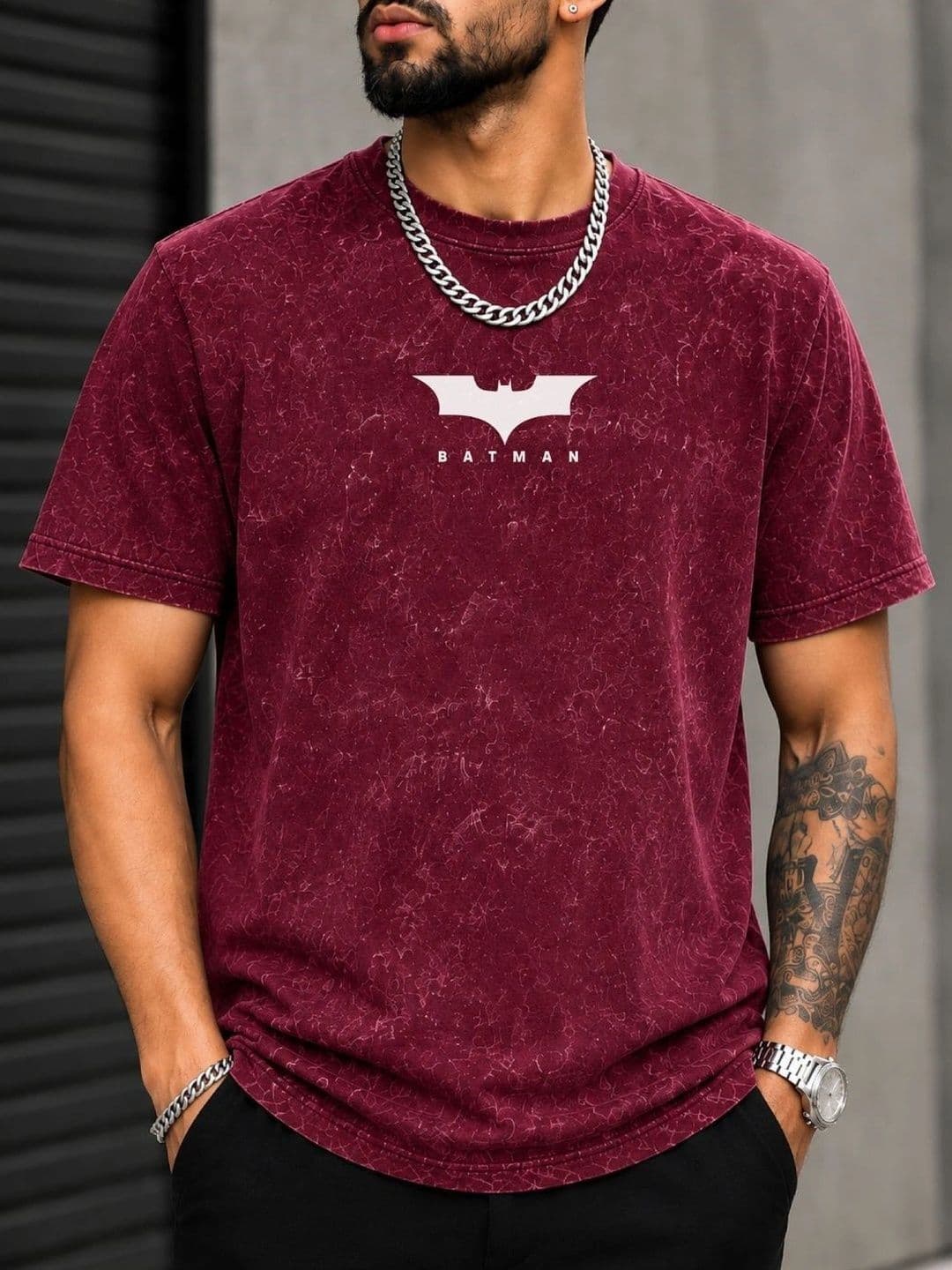 VELS CLOTHING Men Brand Logo Batman Dyed Bio Finish T-shirt thumbnail 2